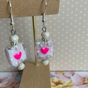 Whimsical Artisan Pink Heart Lampwork Glass Pierced Earrings NWT